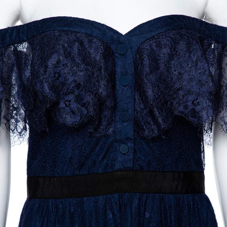 Pre Owned Self Portrait Navy Blue Lace Ruffled Maxi Dress M