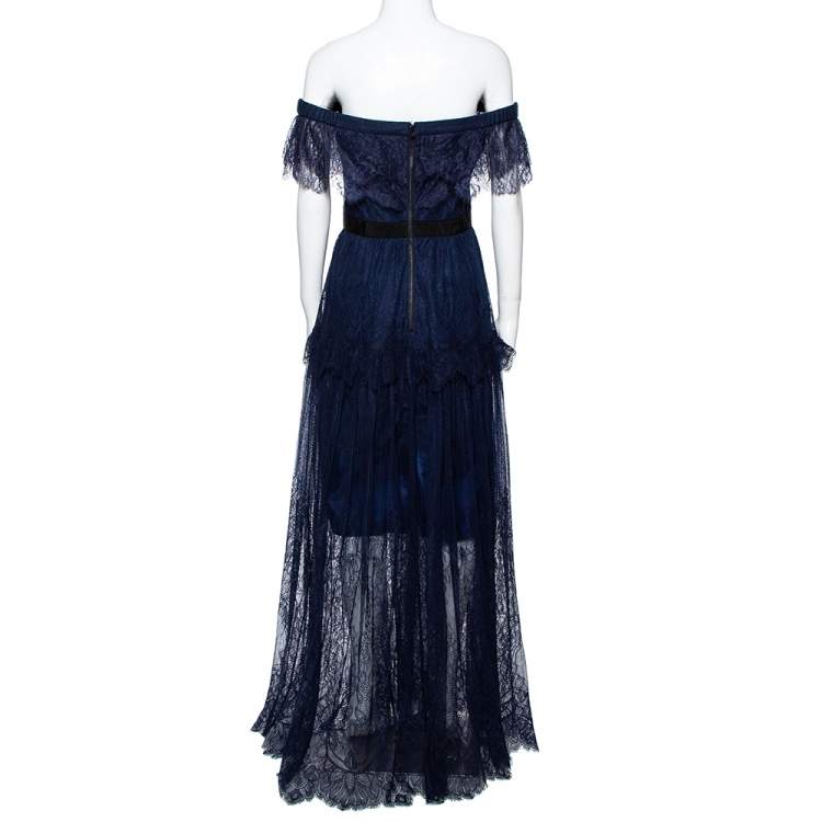 Pre Owned Self Portrait Navy Blue Lace Ruffled Maxi Dress M