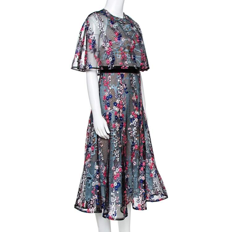 Pre Owned Self Portrait Black Floral Vine Collared Midi Dress M