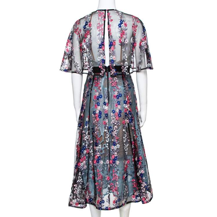 Pre Owned Self Portrait Black Floral Vine Collared Midi Dress M