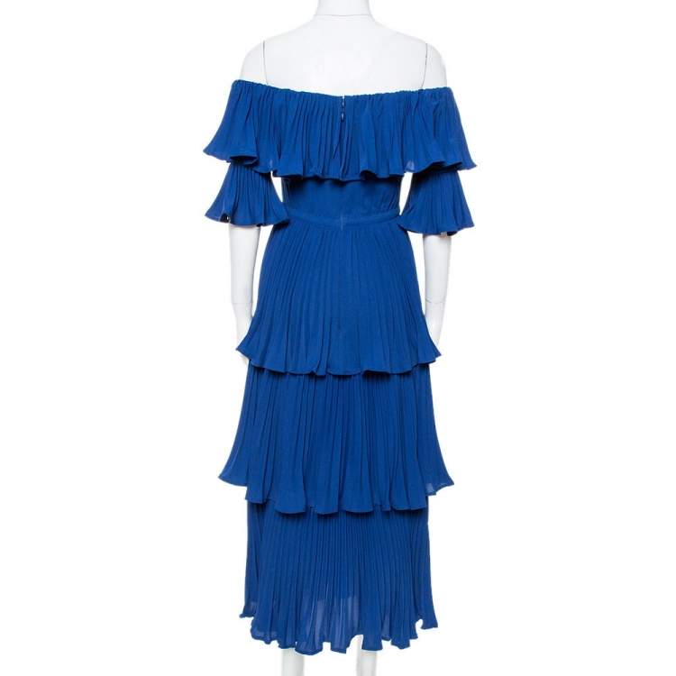 مملوكة مسبقًا Self Portrait Navy Blue Crepe Pleated Tiered Off Shoulder Dress S