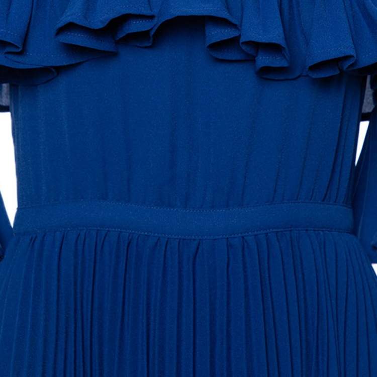 مملوكة مسبقًا Self Portrait Navy Blue Crepe Pleated Tiered Off Shoulder Dress S