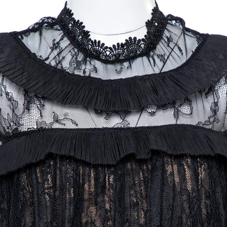 Pre Owned Self Portrait Black Cady & Lace Ruffled Cropped Jumpsuit M