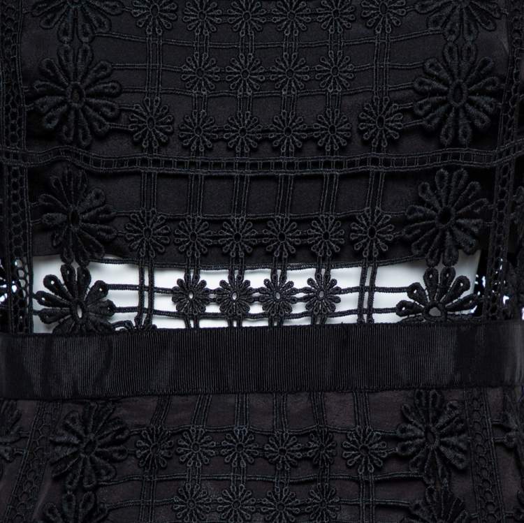 Pre Owned Self-Portrait Black Floral Lattice Lace Midi Dress M
