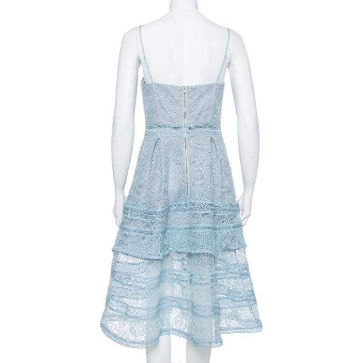 Pre Owned Self-Portrait Ice Blue Paisley Lace Tiered Midi Dress M