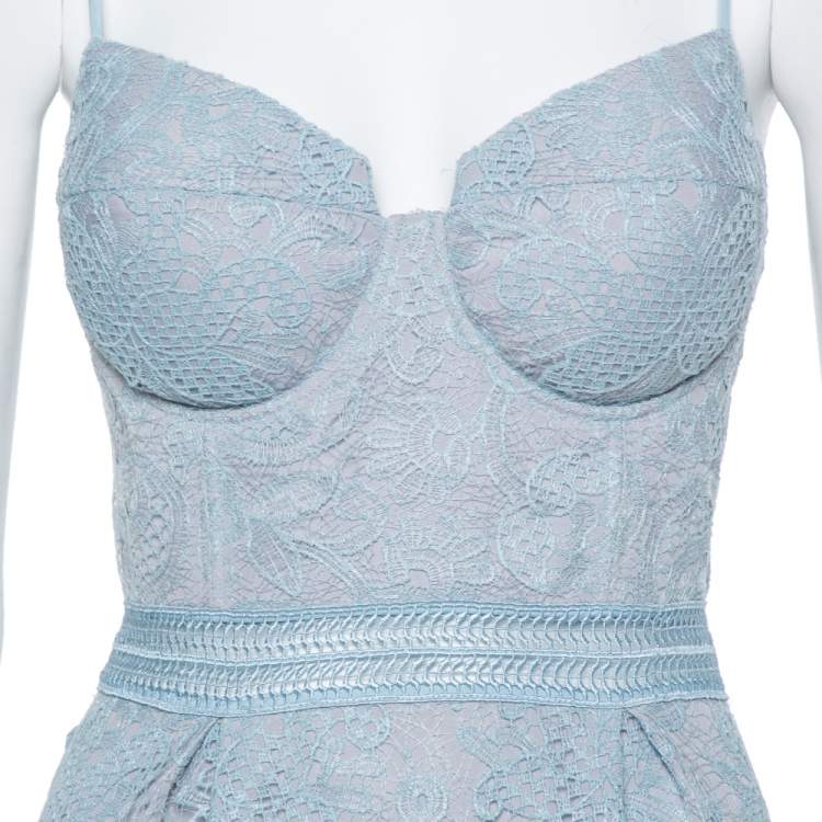Pre Owned Self-Portrait Ice Blue Paisley Lace Tiered Midi Dress M