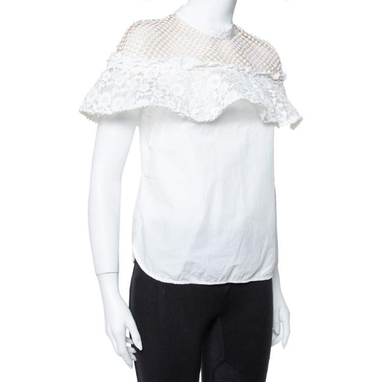 Pre Owned Self Portrait White Guipure Lace Detachable Yoke Detail Hudson Top M