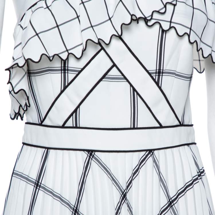 Pre Owned Self Portrait Monochrome Check Crepe Frill Detail One Shoulder Midi Dress S