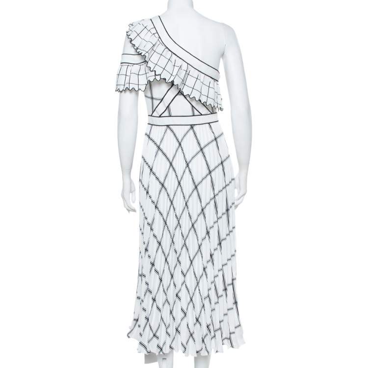 Pre Owned Self Portrait Monochrome Check Crepe Frill Detail One Shoulder Midi Dress S