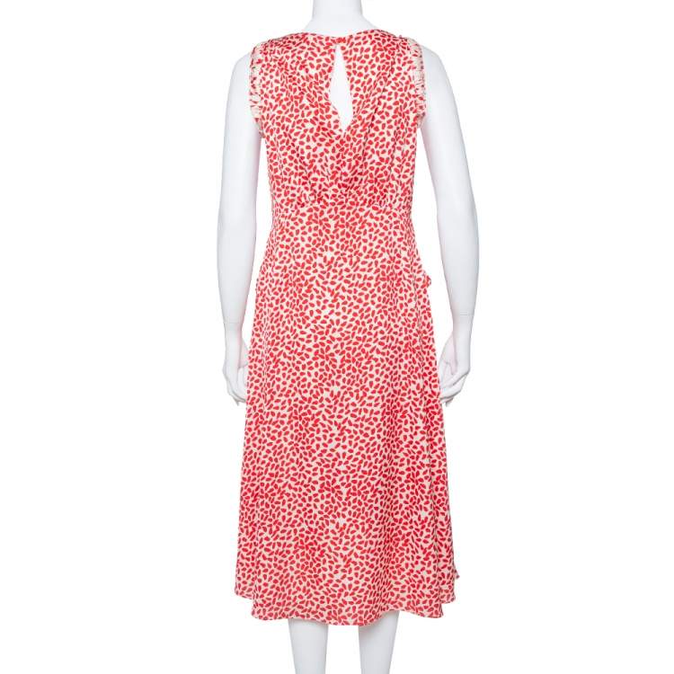مملوكة مسبقًا Self Portrait Cream & Red Dot Printed Satin Ruffle Detail Midi Dress L