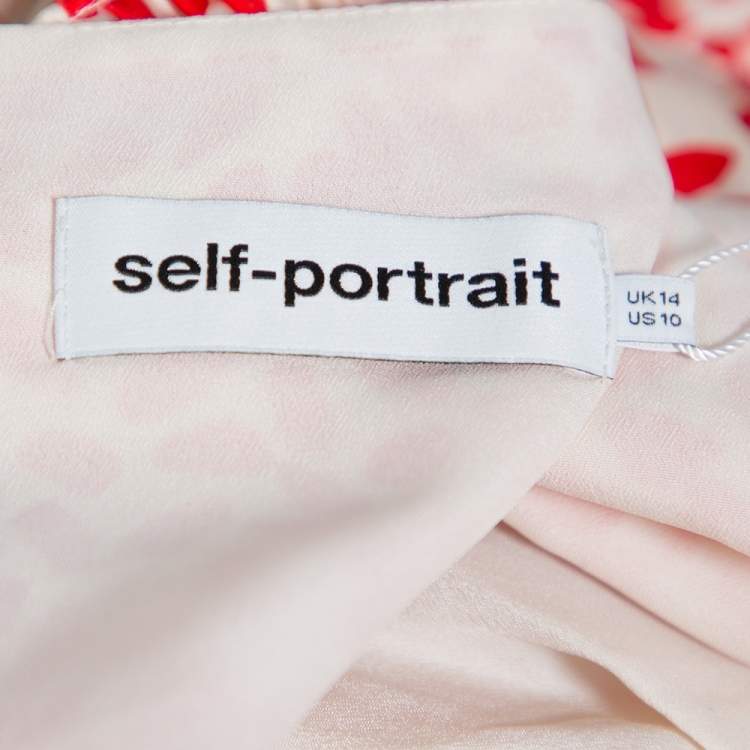 مملوكة مسبقًا Self Portrait Cream & Red Dot Printed Satin Ruffle Detail Midi Dress L