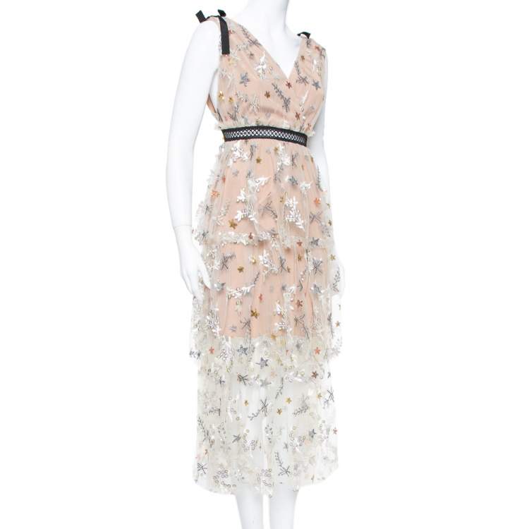 Pre Owned Self Portrait Beige Sequin Embellished Tulle Bow Detail Tiered Midi Dress L