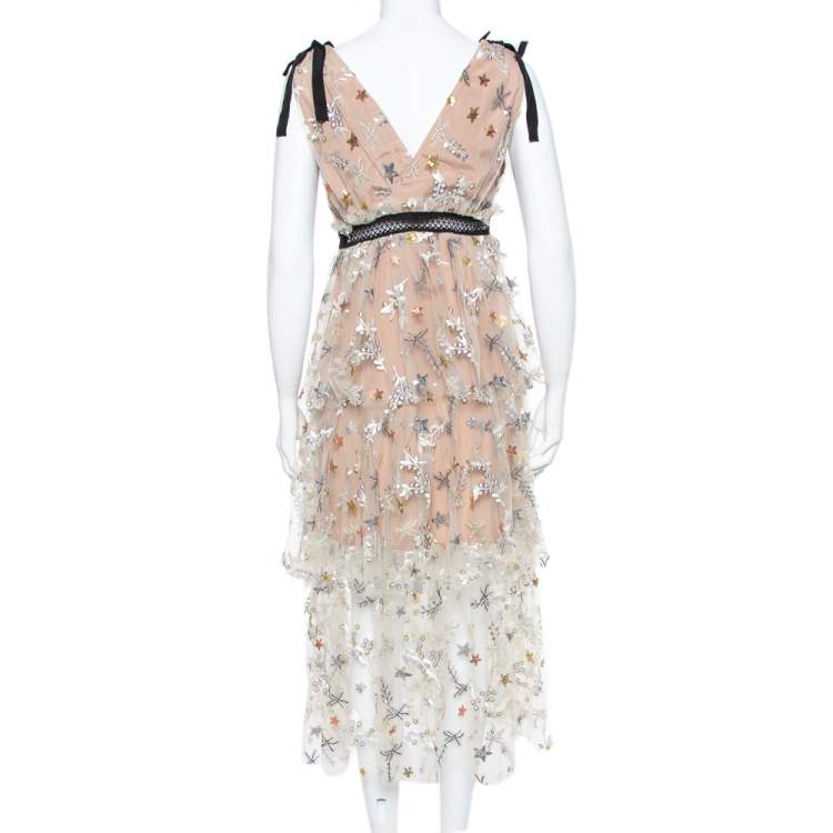 Pre Owned Self Portrait Beige Sequin Embellished Tulle Bow Detail Tiered Midi Dress L