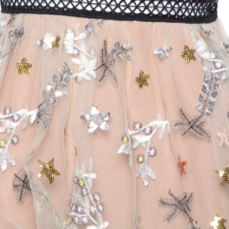 Pre Owned Self Portrait Beige Sequin Embellished Tulle Bow Detail Tiered Midi Dress L