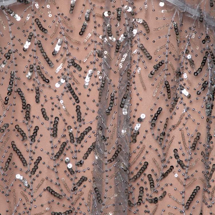 Pre Owned Self Portrait Grey Sequin Embellished Tulle Ruffle Detail Midi Dress S