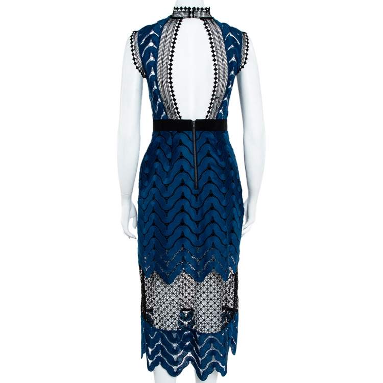 Pre Owned Self Portrait Bicolor Guipure Lace Scallop Hem Detail Paneled Midi Dress S