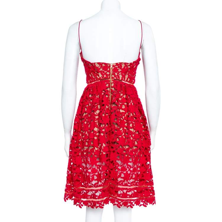 Pre Owned Self Portrait Red Floral Guipure Lace Noodle Strap Azaelea Midi Dress S