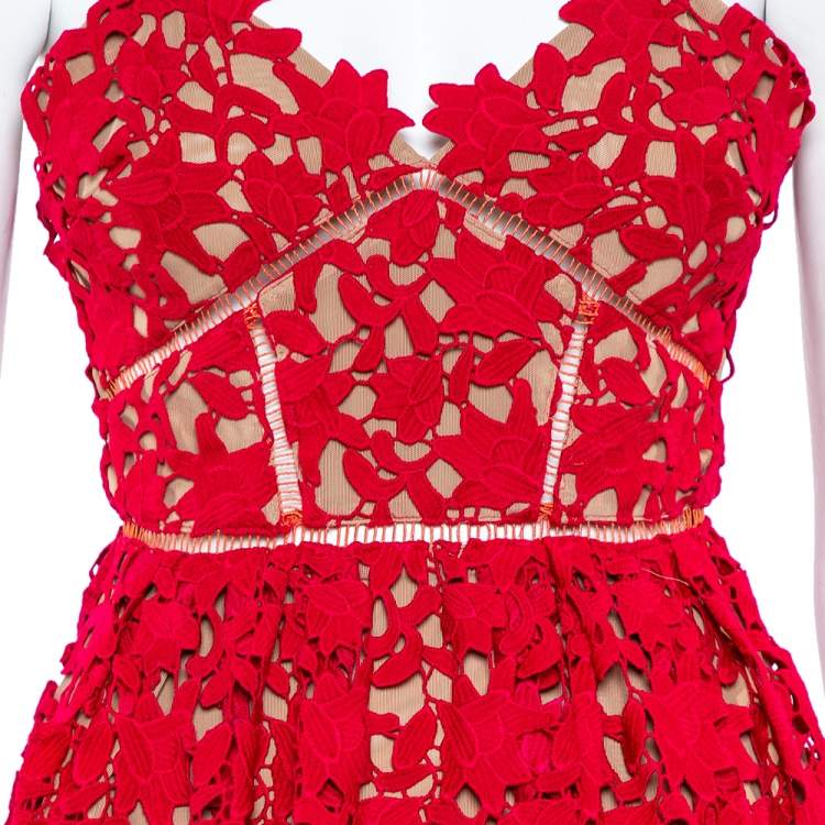 Pre Owned Self Portrait Red Floral Guipure Lace Noodle Strap Azaelea Midi Dress S