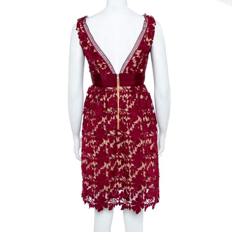 Pre Owned Self-Portrait Burgundy Guipure Lace Plunge Neck Detail Short Dress S