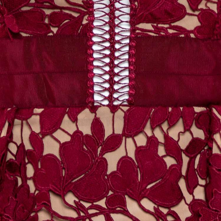 Pre Owned Self-Portrait Burgundy Guipure Lace Plunge Neck Detail Short Dress S
