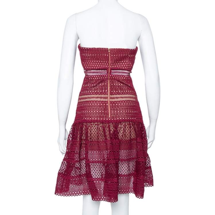 Pre Owned Self Portrait Burgundy Guipure Lace Strapless Drop Waist Midi Dress S