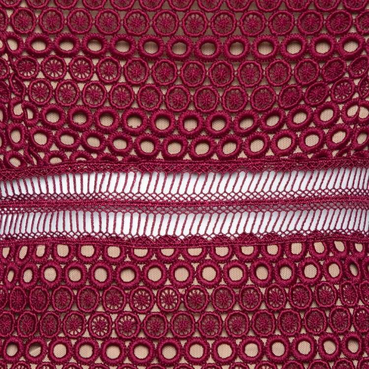 Pre Owned Self Portrait Burgundy Guipure Lace Strapless Drop Waist Midi Dress S