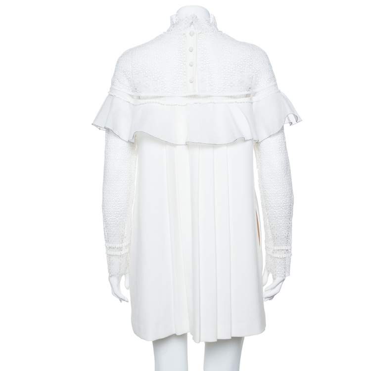 مملوكة مسبقًا Self Portrait White Lace & Knit Pleated Detail Military Cape Dress M