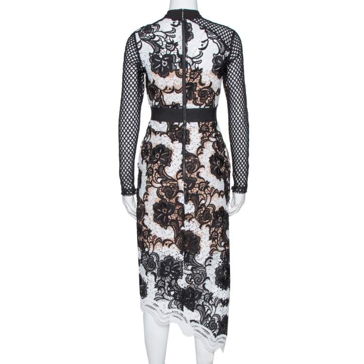 Pre Owned Self Portrait Monochrome Crochet Asymmetric Hem Midi Dress L