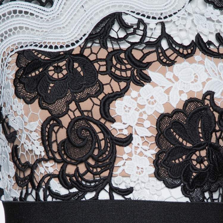 Pre Owned Self Portrait Monochrome Crochet Asymmetric Hem Midi Dress L