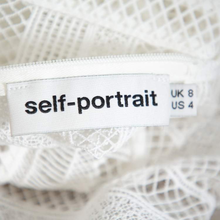 Pre Owned Self Portrait White Paneled Lace Sheer Long Sleeve Top S