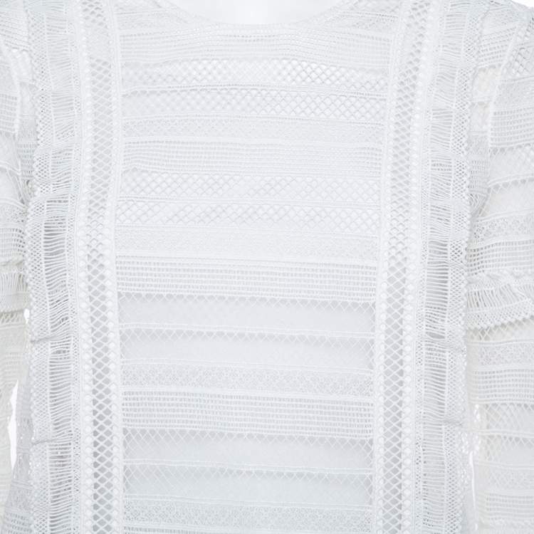 Pre Owned Self Portrait White Paneled Lace Sheer Long Sleeve Top S