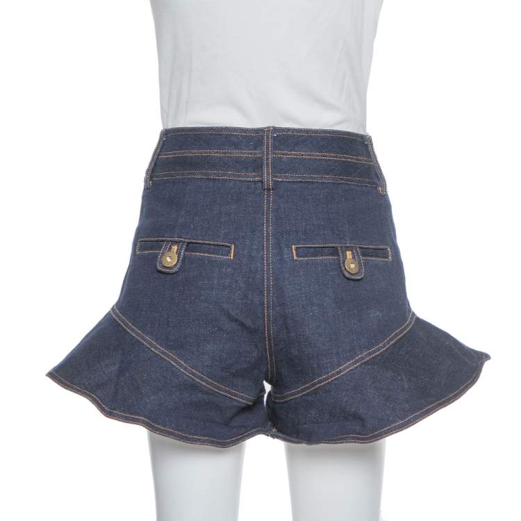 Pre Owned Self Portrait Navy Blue Denim High Waist Flounced Shorts S