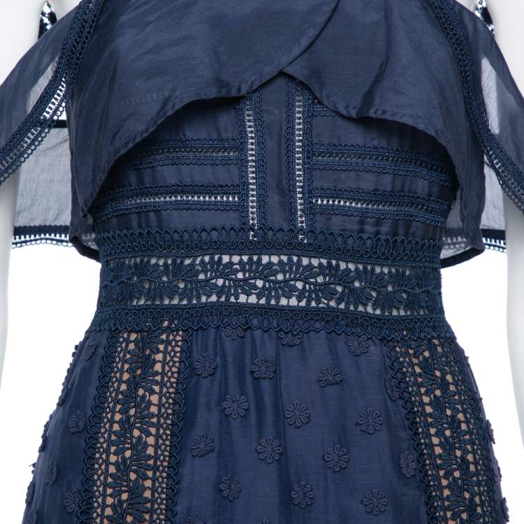 Pre Owned Self-Portrait Navy Blue Lace Paneled Bluebell Midi Dress M