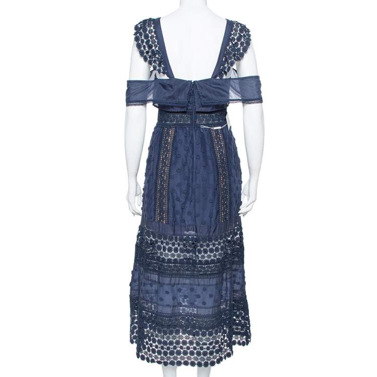 Pre Owned Self-Portrait Navy Blue Lace Paneled Bluebell Midi Dress M