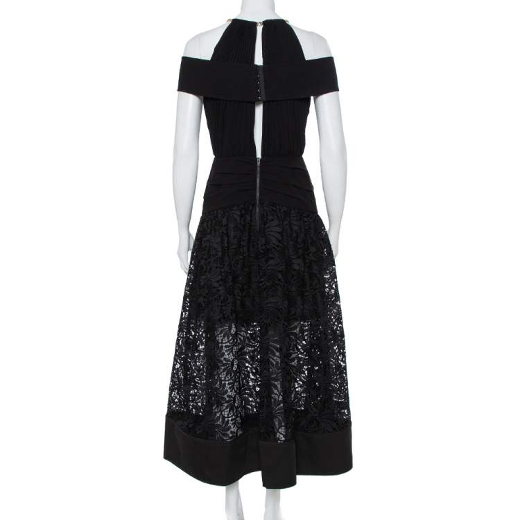 Pre Owned Self Portrait Black Crepe & Lace Chain Neck Detail Cold Shoulder Midi Dress M