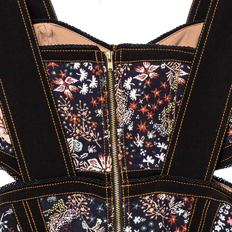 مملوكة مسبقًا Self Portrait Black Floral Jacquard Cut Out Detail Sleeveless Mini Dress S