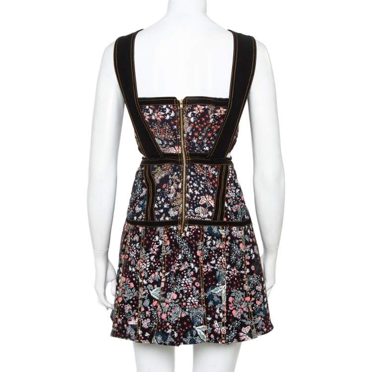 مملوكة مسبقًا Self Portrait Black Floral Jacquard Cut Out Detail Sleeveless Mini Dress S