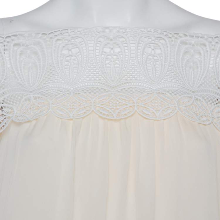 Pre Owned Self Portrait Cream Crepe Lace Detail Off Shoulder Gown M