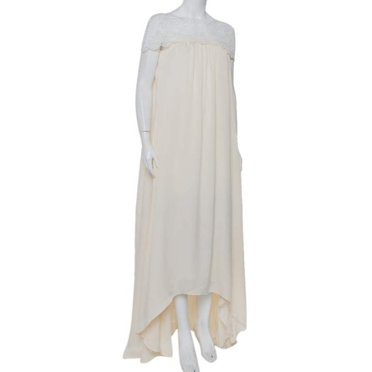 Pre Owned Self Portrait Cream Crepe Lace Detail Off Shoulder Gown M