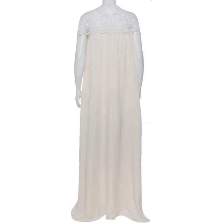 Pre Owned Self Portrait Cream Crepe Lace Detail Off Shoulder Gown M