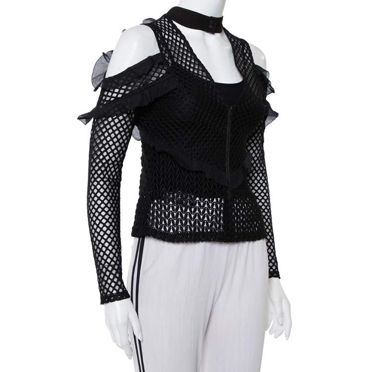 Pre Owned Self Portrait Black Lace Ruffle Detail Cold Shoulder Top M