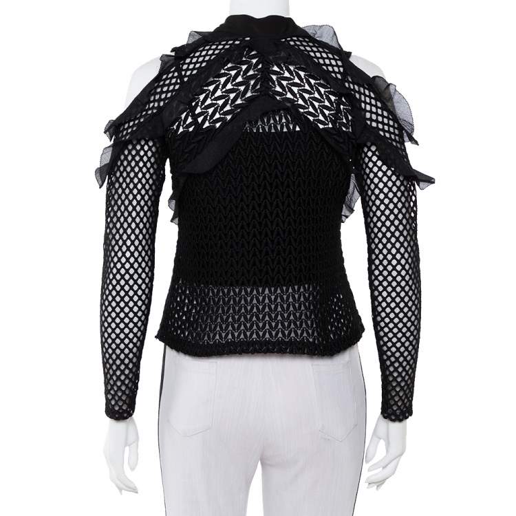 Pre Owned Self Portrait Black Lace Ruffle Detail Cold Shoulder Top M