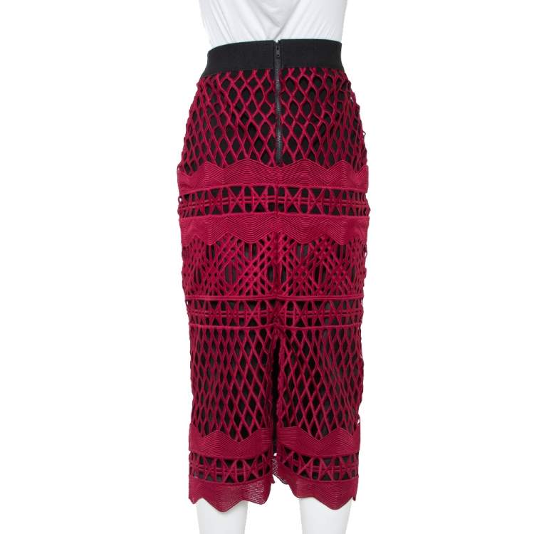 Pre Owned Self Portrait Burgundy Cut Out Lace Midi Skirt XS