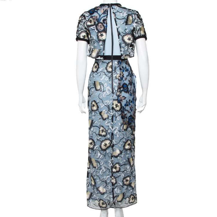 مملوكة مسبقًا Self Portrait Blue Floral Embroidered Layered Florentine Maxi Dress S
