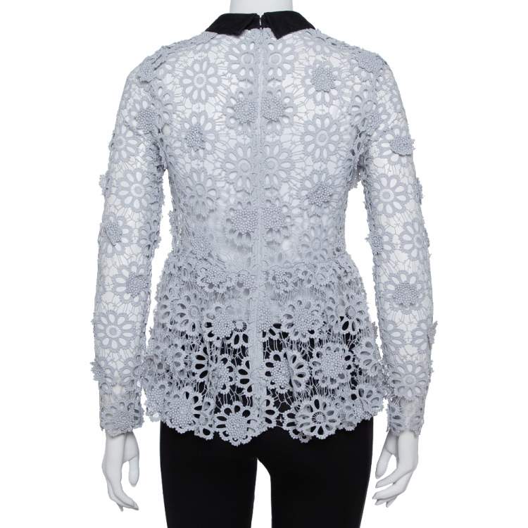 Pre Owned Self-Portrait Grey Guipure Lace Contrast Collar Detail Peplum Top S