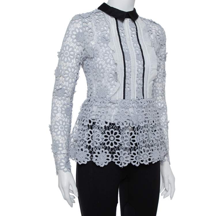 Pre Owned Self-Portrait Grey Guipure Lace Contrast Collar Detail Peplum Top S