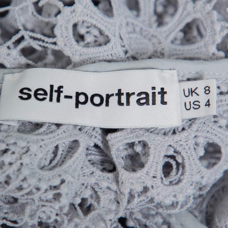 Pre Owned Self-Portrait Grey Guipure Lace Contrast Collar Detail Peplum Top S