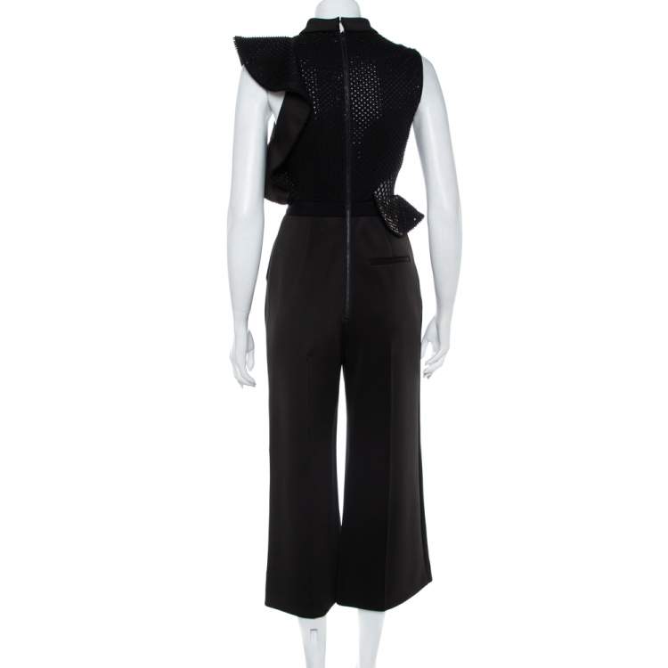 Pre Owned Self-Portrait Black Sequin & Bead Embellished Knit Sleeveless Cropped Jumpsuit S