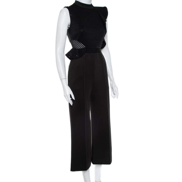 Pre Owned Self-Portrait Black Sequin & Bead Embellished Knit Sleeveless Cropped Jumpsuit S