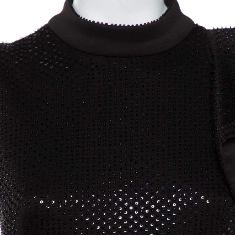 Pre Owned Self-Portrait Black Sequin & Bead Embellished Knit Sleeveless Cropped Jumpsuit S